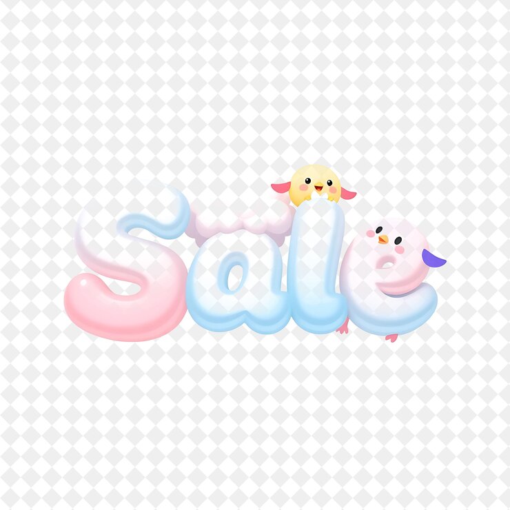 PSD moe texto de venta con nubes espumosas y pájaros lindos texto es suave y redondeado azul pastel y rosa co