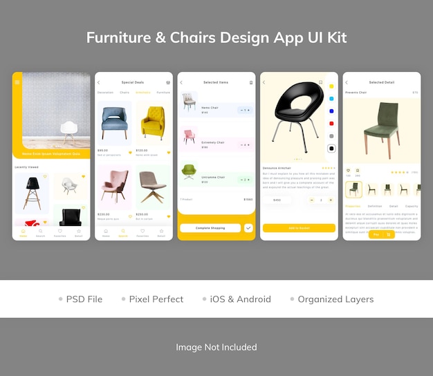 PSD möbelverstärker stühle design app ui kit pack