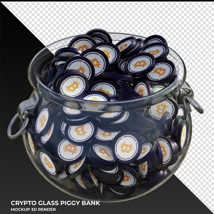 PSD moeda criptográfica bitcoin wbtc embrulhada em ilustração 3d de pote de vidro