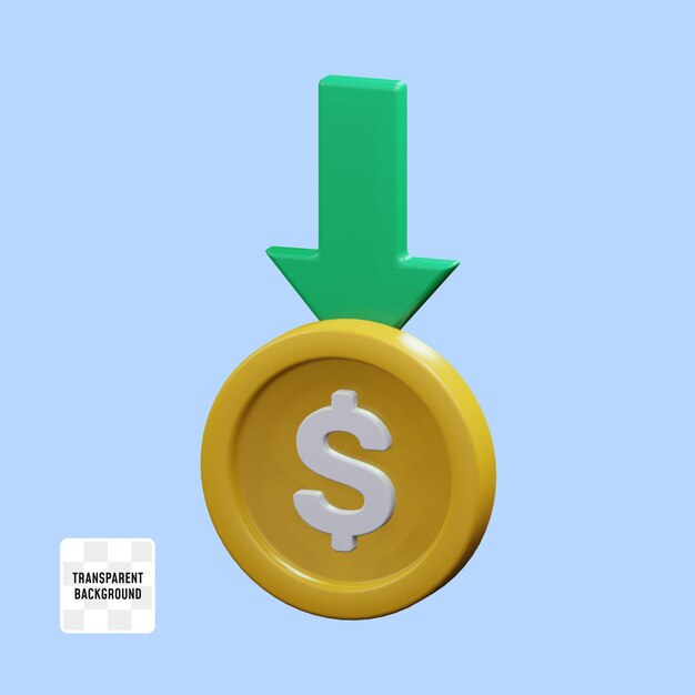 Moeda de ouro com seta caiu para receita de dinheiro conceito financeiro 3d render ícone ilustração design