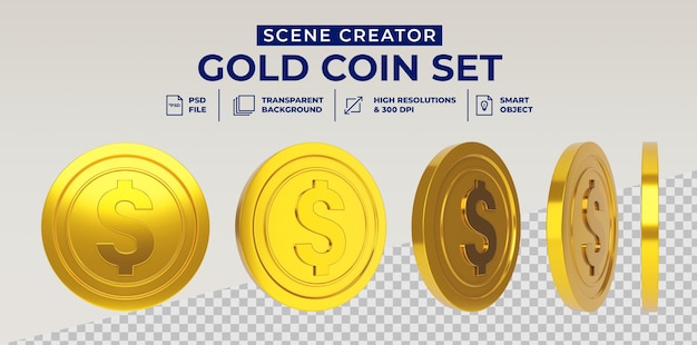 Moeda de ouro do dólar definida em renderização 3d isolada