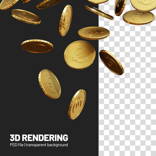 Moedas de euro caindo realistas na renderização 3d de fundo transparente