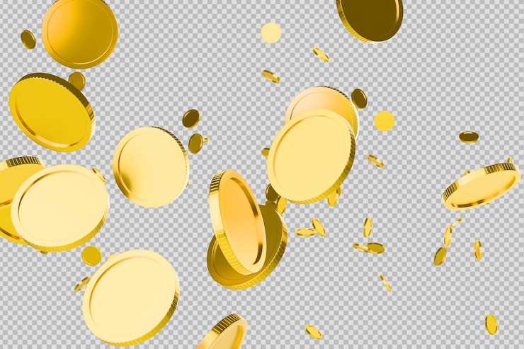 PSD moedas de ouro voando sobrepostas com fundo transparente