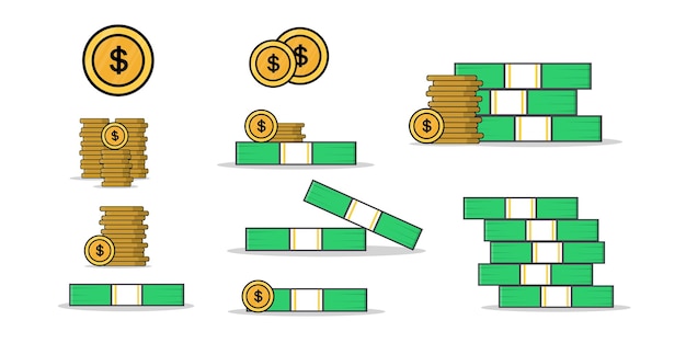 Moedas e pilhas de dinheiro Ilustração de dinheiro e finanças