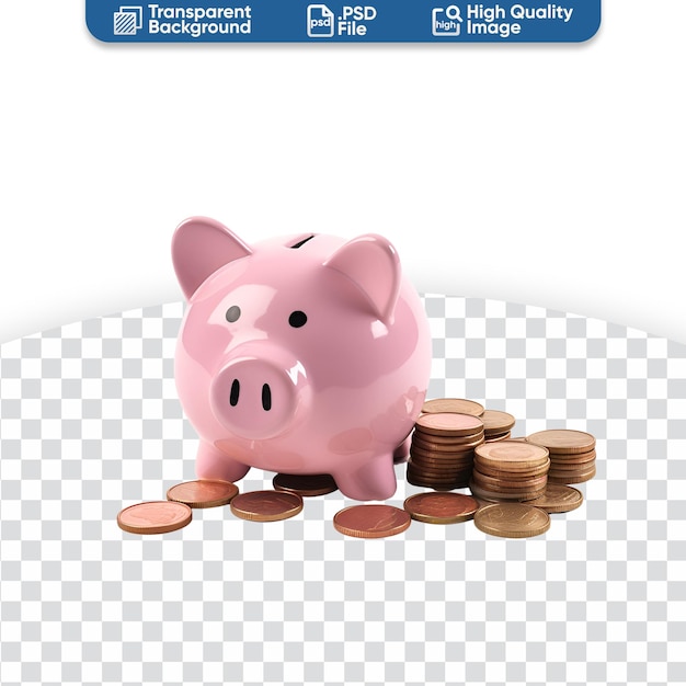PSD moedas e poupança de dinheiro com o pink piggy bank.