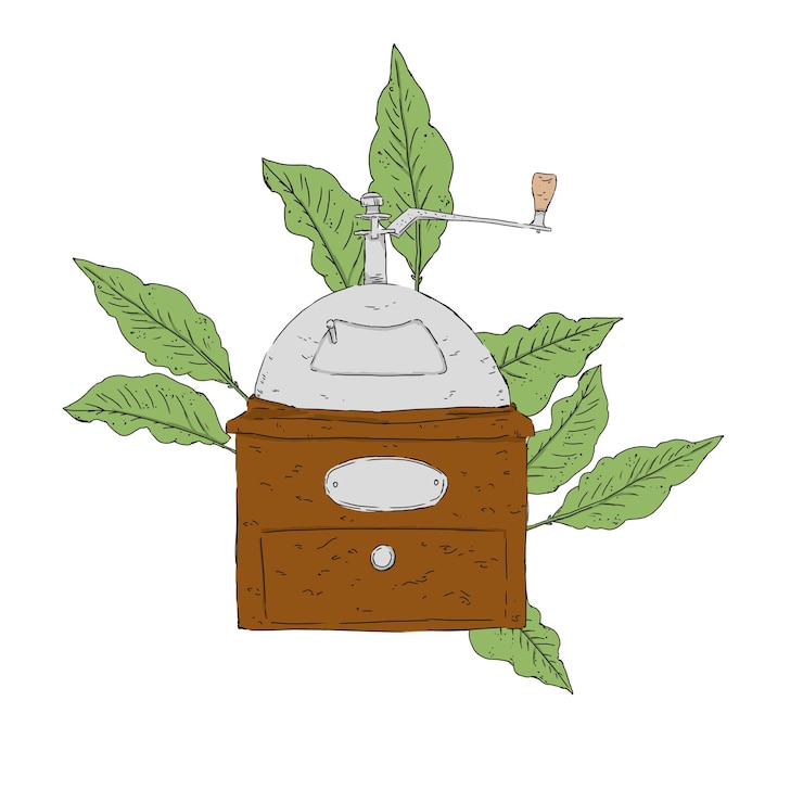PSD moedor de café mecânico de madeira com folhas de planta de café ilustração em cores de composição digital para