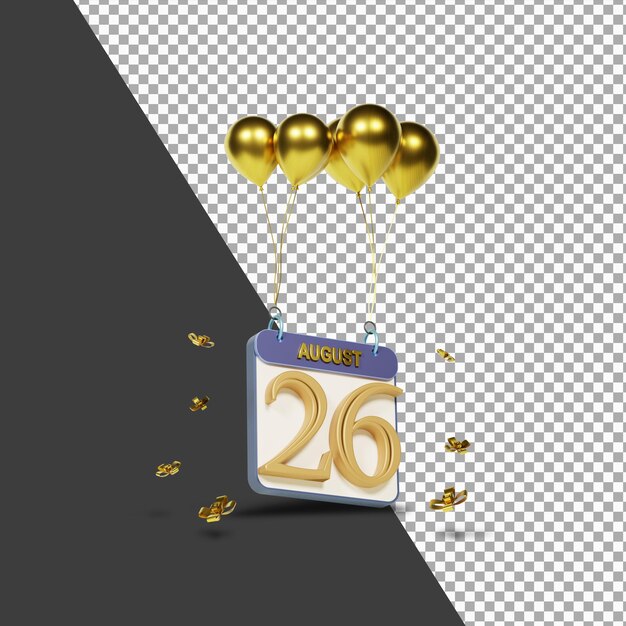 Mois Du Calendrier 26 Août Avec Des Ballons D'or Rendu 3d Isolé