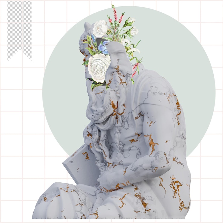 PSD moisés estátuas 3d render colagem com composições de pétalas de flores para o seu trabalho