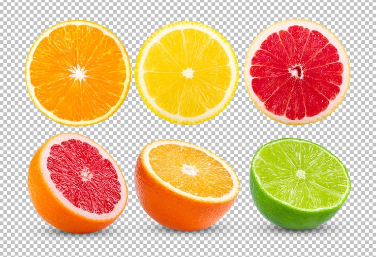 PSD moitié mûre de pamplemousse rose agrumes tranche de citron vert orange isol