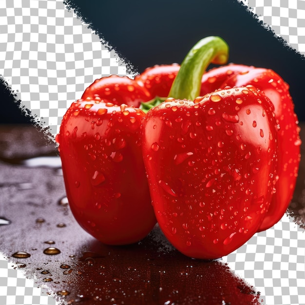 PSD la moitié d'un poivron rouge avec une texture de fruit lisse et des graines jaune clair sur un fond rouge vif reposant sur un fond transparent humide après une pluie