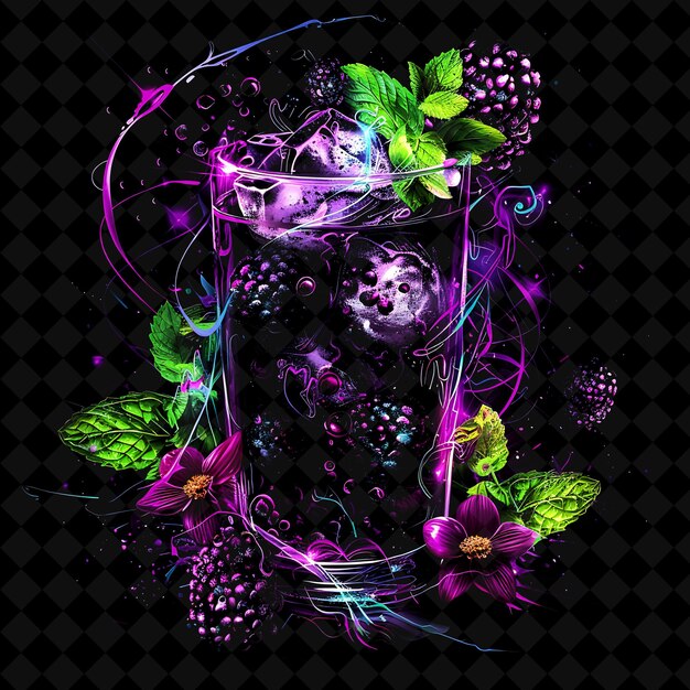 PSD mojito électrique de blackberry pourpre avec des feuilles de menthe en mêlée couleur néon nourriture boisson collection y2k