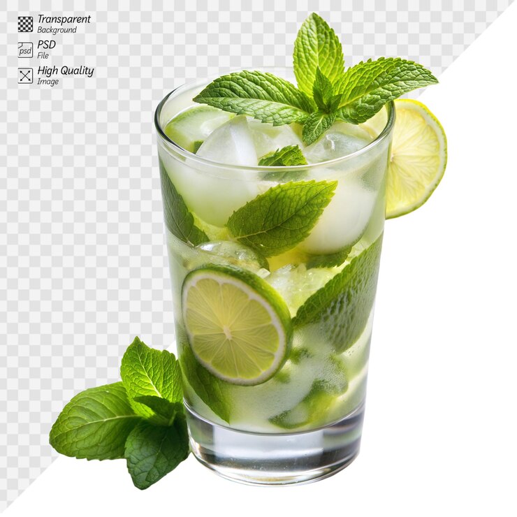 PSD un mojito recién hecho con lima brillante y menta exuberante