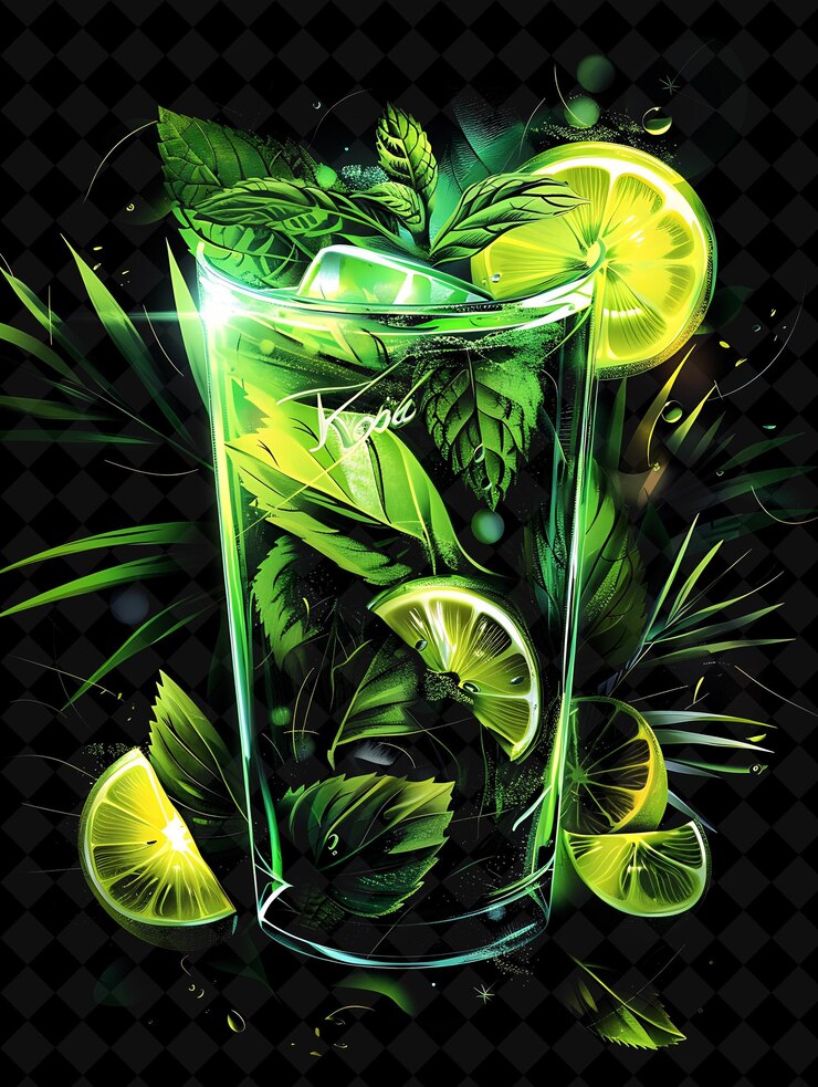 PSD mojito verde brillante con hojas de menta enredadas y cuña de lima color neón comida bebida colección y2k