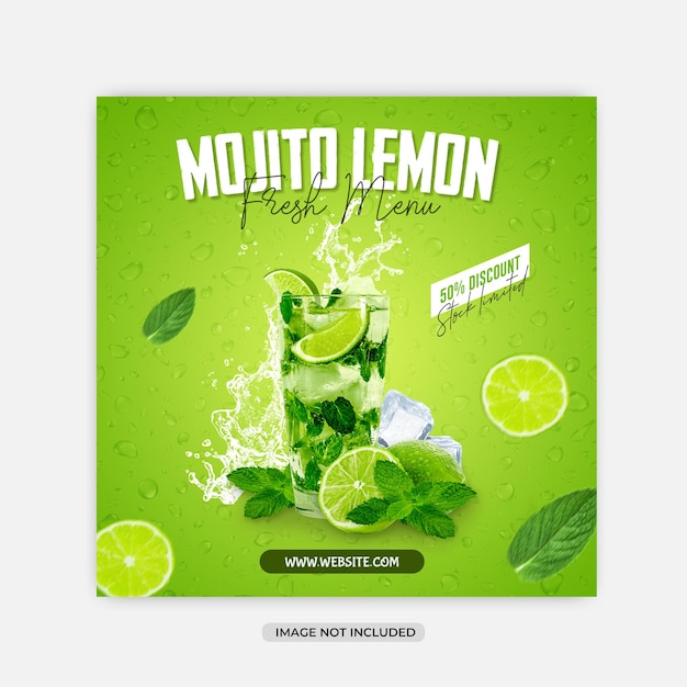 Mojito-Zitronenmenü-Social-Media-Quadrat-Banner oder Instagram-Post-Vorlage