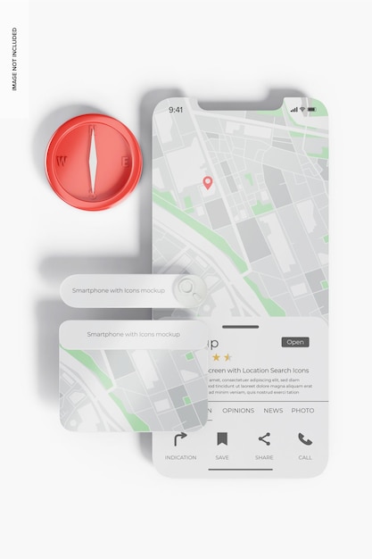 Moketa obrazovky smartphonu s ikonami vyhledávání polohy, pohled shora
