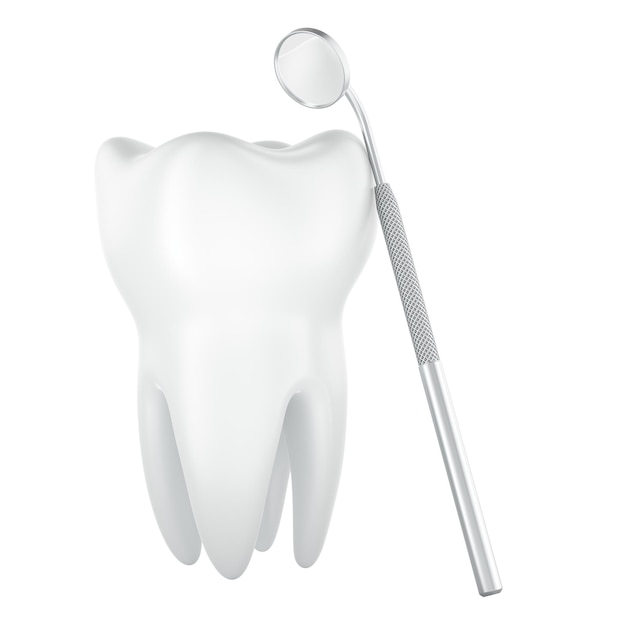Molar-Zahn mit Dental-Mundspiegel 3D-Rendering isoliert auf durchsichtigem Hintergrund