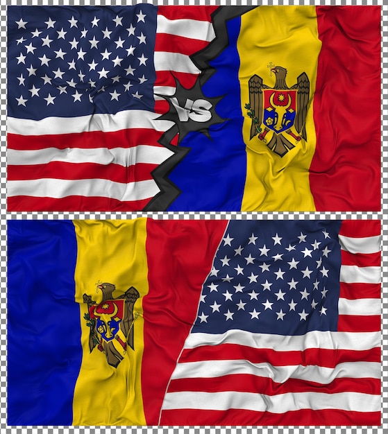 Moldavia contra los Estados Unidos Media bandera combinada Tela textura de golpe Relación bilateral Renderizado en 3D