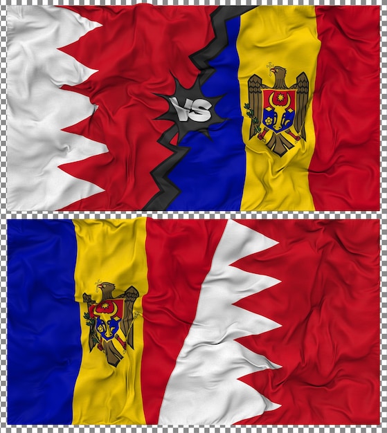 Moldawien gegen Bahrain Halbkombinierte Flagge Stoff-Bump-Textur 3D-Rendering