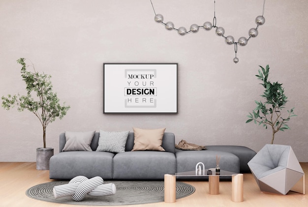 Moldura de foto de maquete de ilustração 3D na renderização da sala de estar