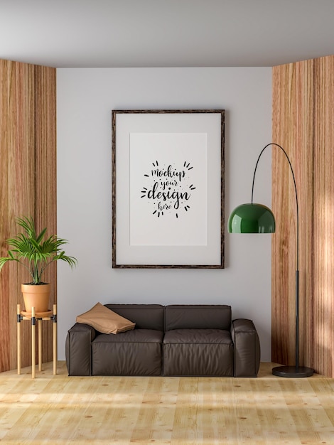 Moldura de foto de maquete de ilustração 3D na renderização da sala de estar