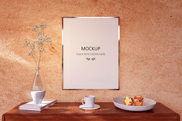Moldura de maquete em uma mesa de café da manhã 3d renderizada ilustração