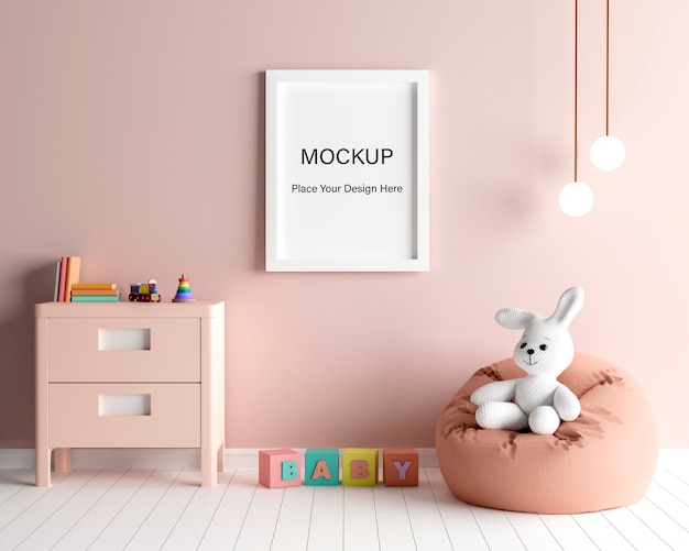 Moldura de pôster de maquete com coelho fofo para um chá de bebê feminino. Renderização 3D