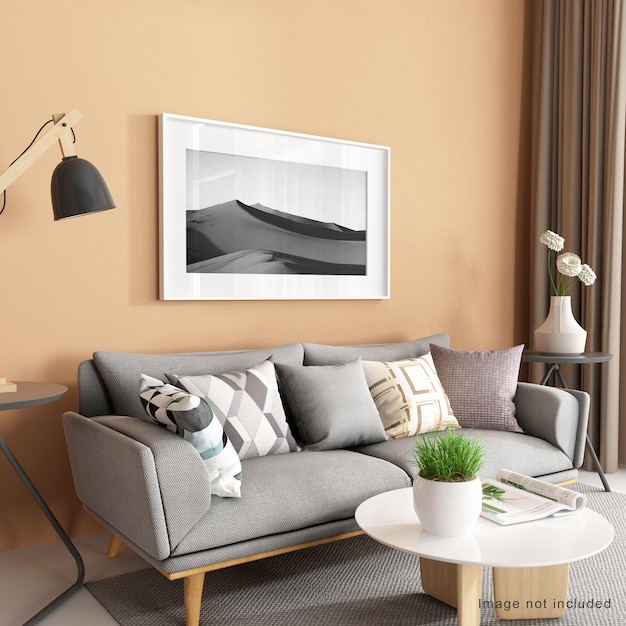 Moldura de pôster de maquete em uma sala de estar moderna em renderização 3D