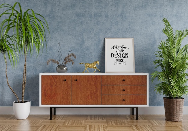 Moldura de pôster na maquete da sala de estar