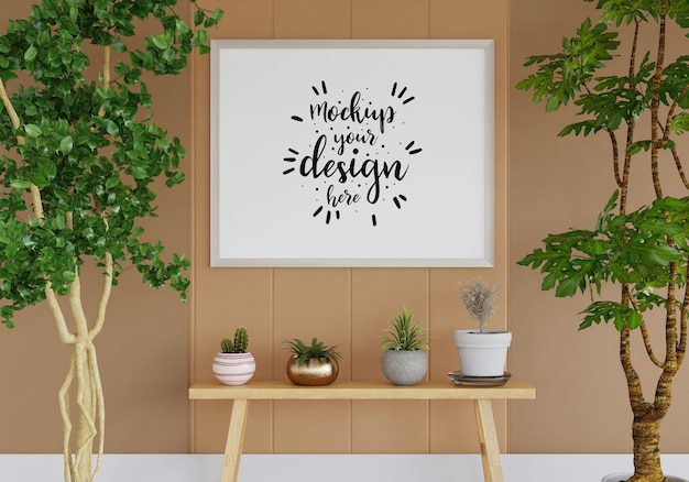 Moldura de pôster na maquete da sala de estar