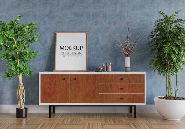 Moldura de pôster na maquete da sala de estar