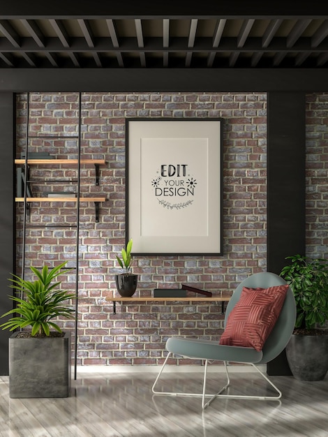 Moldura de pôster na maquete da sala de estar
