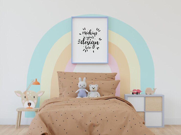 PSD moldura de pôster na maquete de psd de quarto infantil