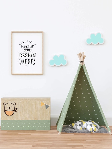 Moldura de pôster na maquete de PSD de quarto infantil