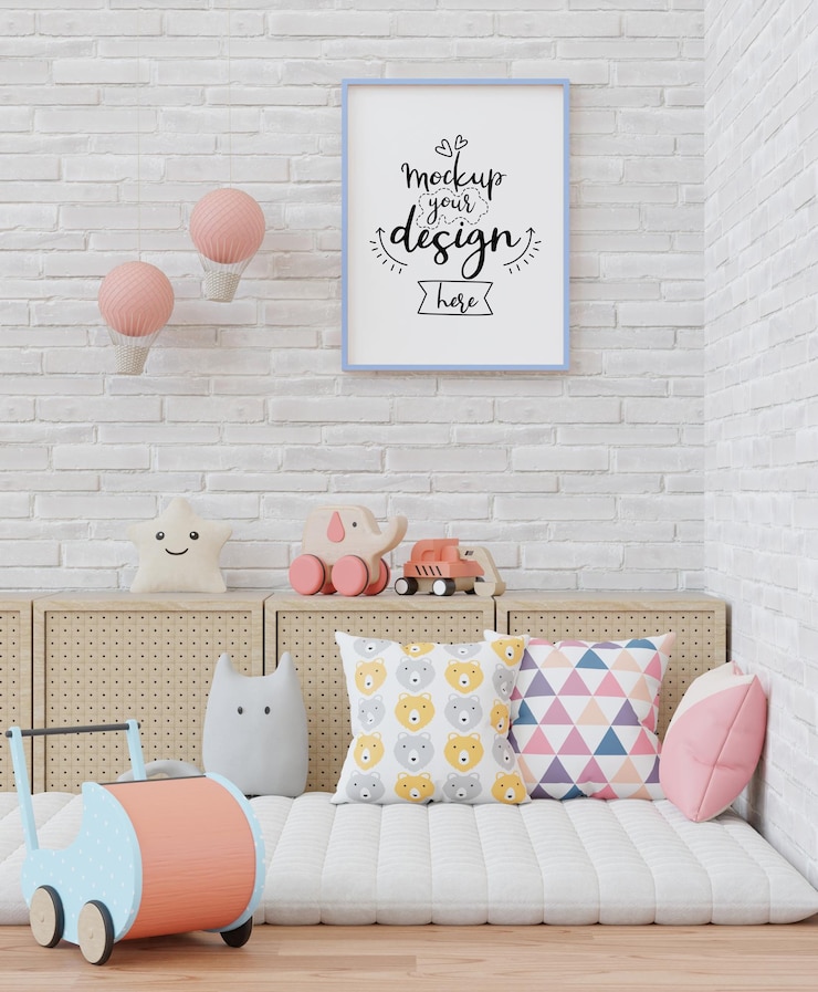 PSD moldura de pôster na maquete de psd de quarto infantil