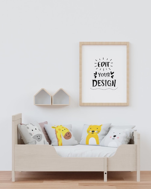 Moldura de pôster na maquete de PSD de quarto infantil