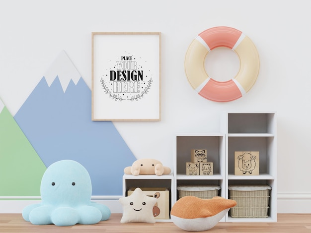Moldura de pôster na maquete de PSD de quarto infantil