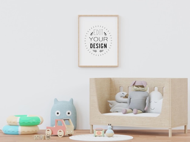 Moldura de pôster na maquete de PSD de quarto infantil