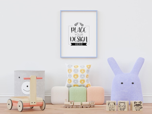 Moldura de pôster na maquete de PSD de quarto infantil