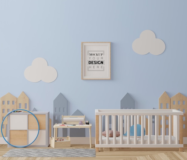 Moldura de pôster na maquete do quarto infantil
