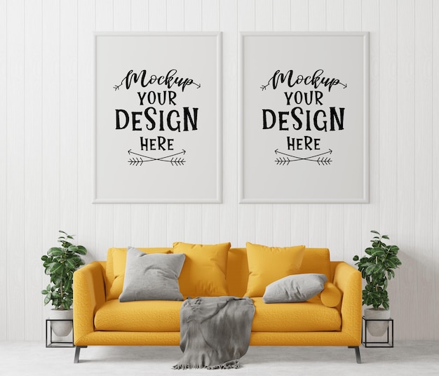 Moldura de pôster na sala de estar psd mockup