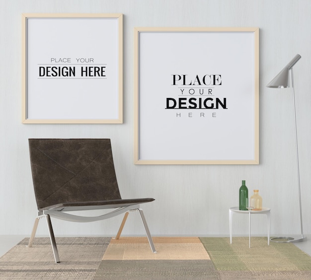 Moldura de pôster na sala de estar psd mockup