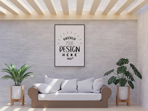 Moldura de pôster na sala de estar psd mockup