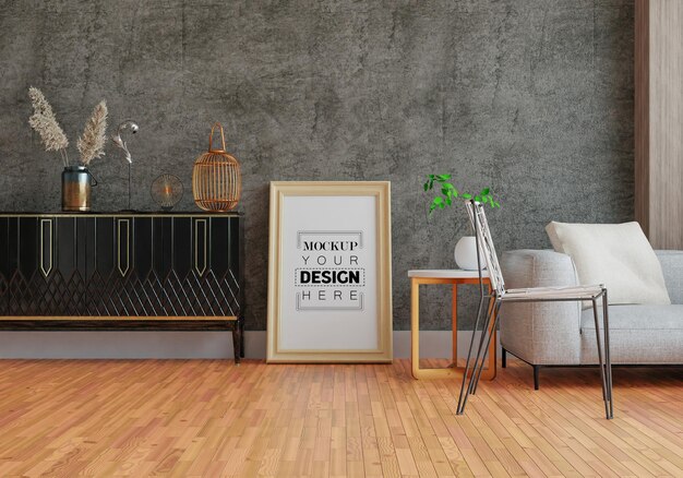 Moldura de pôster na sala de estar Psd Mockup