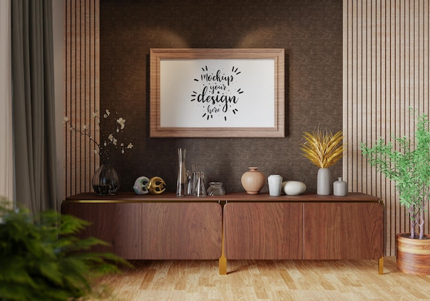 Moldura de pôster na sala de estar psd mockup