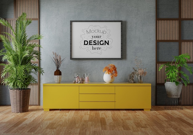 Moldura de pôster na sala de estar psd mockup