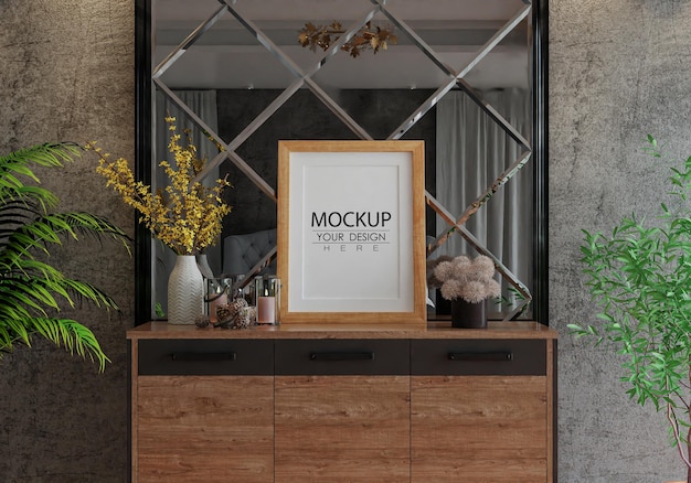 Moldura de pôster na sala de estar psd mockup