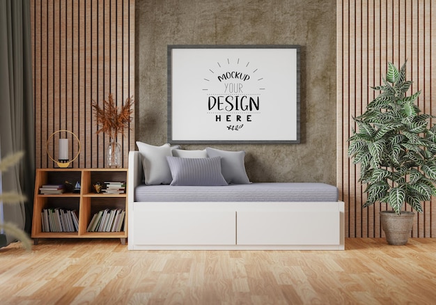 Moldura de pôster na sala de estar psd mockup