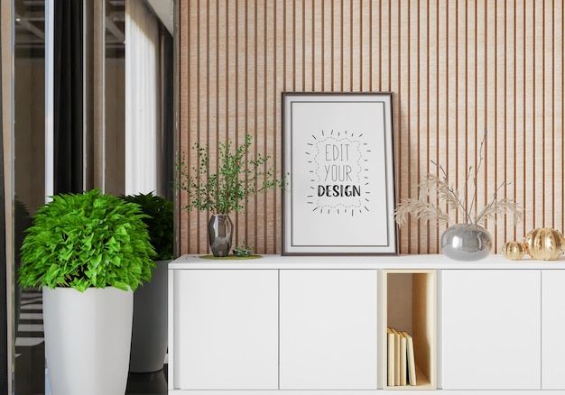 Moldura de pôster na sala de estar psd mockup