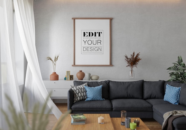 Moldura de pôster na sala de estar psd mockup