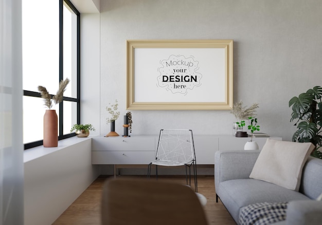 Moldura de pôster na sala de estar psd mockup